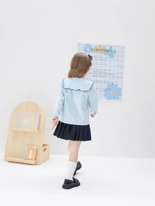 Balabala Young Girl Peter Pan Collar Blouse & Pleated Skirt - Blue - View 2