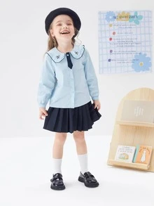 Balabala Young Girl Peter Pan Collar Blouse & Pleated Skirt - Blue - View 3