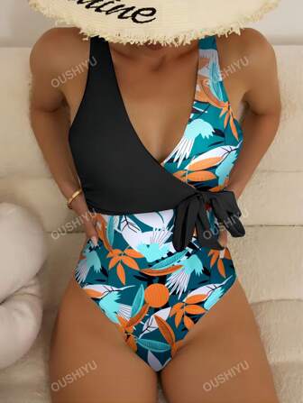 Maillot de bain une-pièce avec nœud sur le côté et imprimé tropical pour femmes