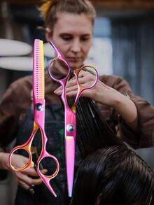 Premium 8 Pieces Hair Cutting Scissors Kit - Professional Barber Shears Set With Thinning Shears - Perfect For Haircuts, Blending, And Salon-Results - Suitable For Men, Women, And Pets (Rose) - Ombre - View 2