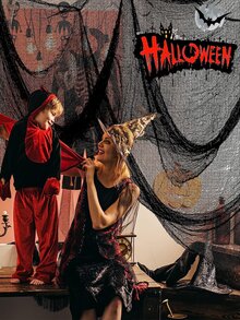 1PC Vải Halloween rùng rợn, Vải ma quái, Vải dệt mạng nhện co giãn Halloween, Vật dụng trang trí nền tiệc gia đình bạn bè Halloween, Vải gạc rùng rợn màu tối, Vải lò sưởi Halloween, Giáng sinh - màu đen - Xem 7