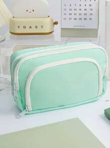 Estuche de lápices de colores frescos de verano, bolsa de almacenamiento de papelería con bolsillo frontal de doble capa, adecuado para la escuela, la temporada de regreso a clases, útiles escolares, estuche de lápices, mochila - Verde - Ver 12