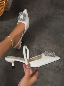女士高跟凉鞋，法式风格，镶钻搭扣设计，大码鞋 - 米色 - 查看 1