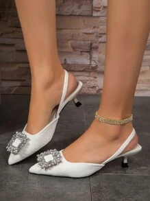 女士高跟凉鞋，法式风格，镶钻搭扣设计，大码鞋 - 米色 - 查看 7