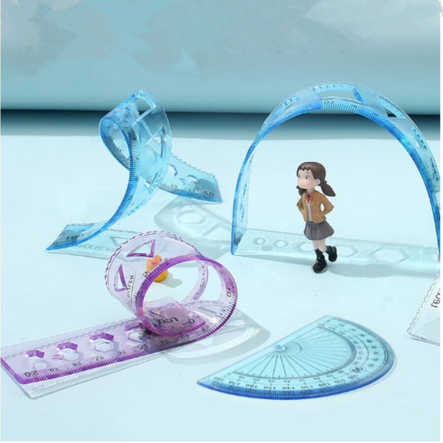 20cm Ruler Set For Student Drawing, Including Triangle Ruler, Protractor And Multiple Scaled Rulers - Blue - View 1