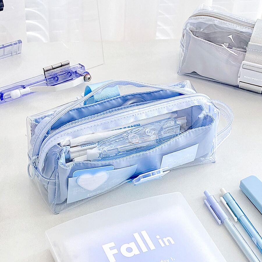夏天半透明小方形冷凍筆袋,ins風格三層大容量文具收納小袋 - 藍色 - 查看 1