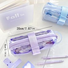 夏天半透明小方形冷凍筆袋,ins風格三層大容量文具收納小袋 - 藍色 - 查看 3