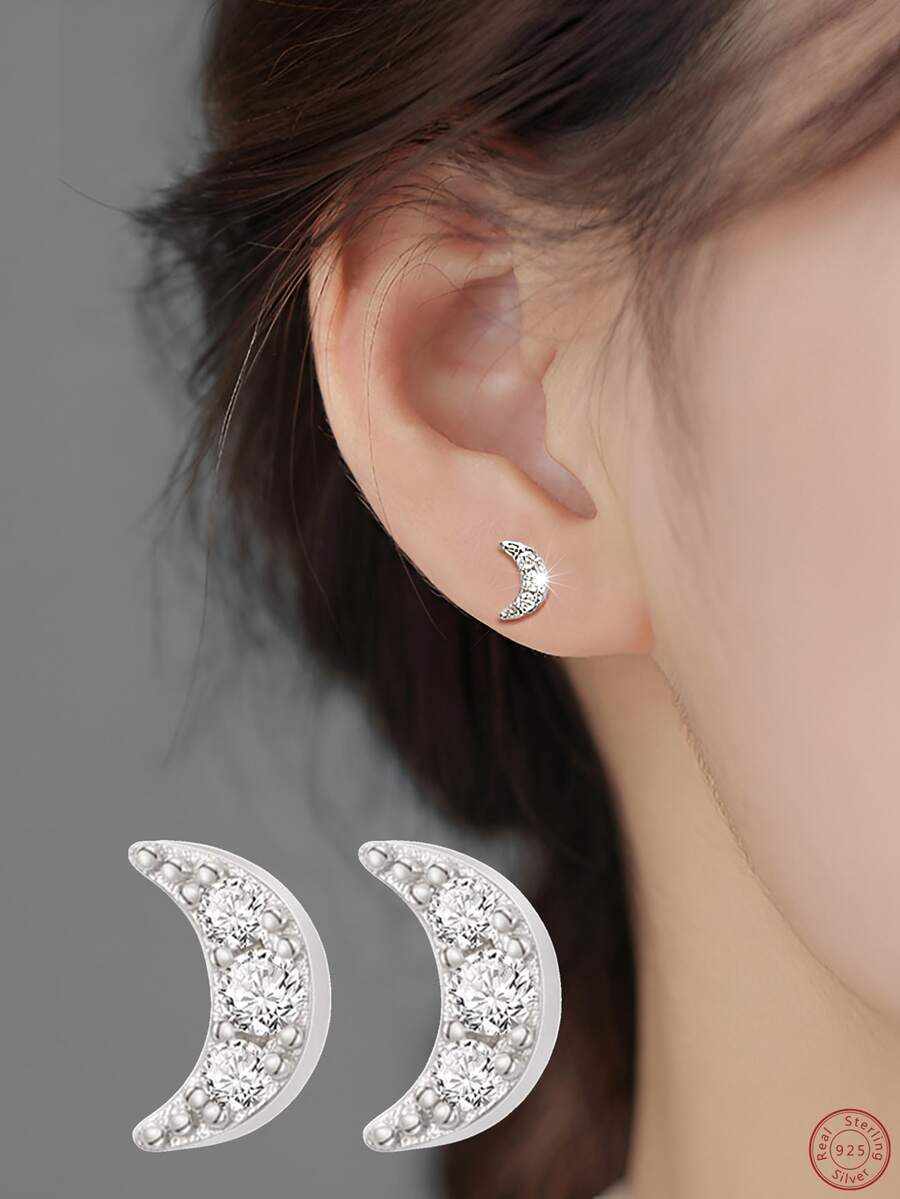 1雙S925銀月亮&耀眼氧化鋯耳朵骨耳釘極簡風格首飾類,合適的適用於日常穿著女性 - 銀色 - 查看 1