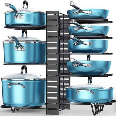 Pots and Pans Organizer, 8 Tier with 3 DIY Methods, Adjustable Rack for Cabinet, Kitchen Organization, Storage and for Pot Lid