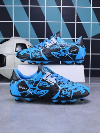 Sporty Color Block Lace-Up Front Soccer Shoes, Low-Top Outdoor Football Cleats Ronaldo