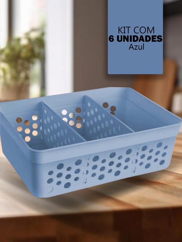 Kit 6 Cestos Organizador Com 2  Divisórias Removíveis Médio  Azul/ Branco/ Cinza/ Marrom/ Preto/ Rose/ Verde