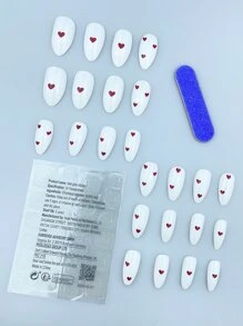中长杏仁形假指甲，24 片中长指甲杏仁形红色心形白色指甲覆盖所有指甲适合女性和女孩，改变你的外观，按压指甲美甲用品指甲 - 彩色 - 查看 2