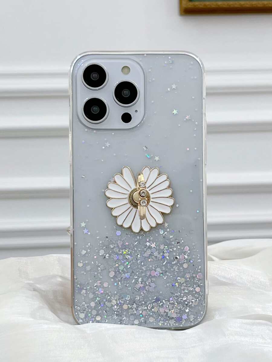 Funda de teléfono transparente con decoración de flores 3D - Blanco - Ver 1