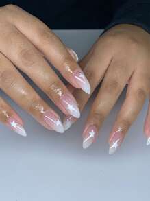 24 件套粉色渐变杏仁形假指甲，带星星图案，适合女士和女孩按压指甲美甲用品指甲 - 彩色 - 查看 1