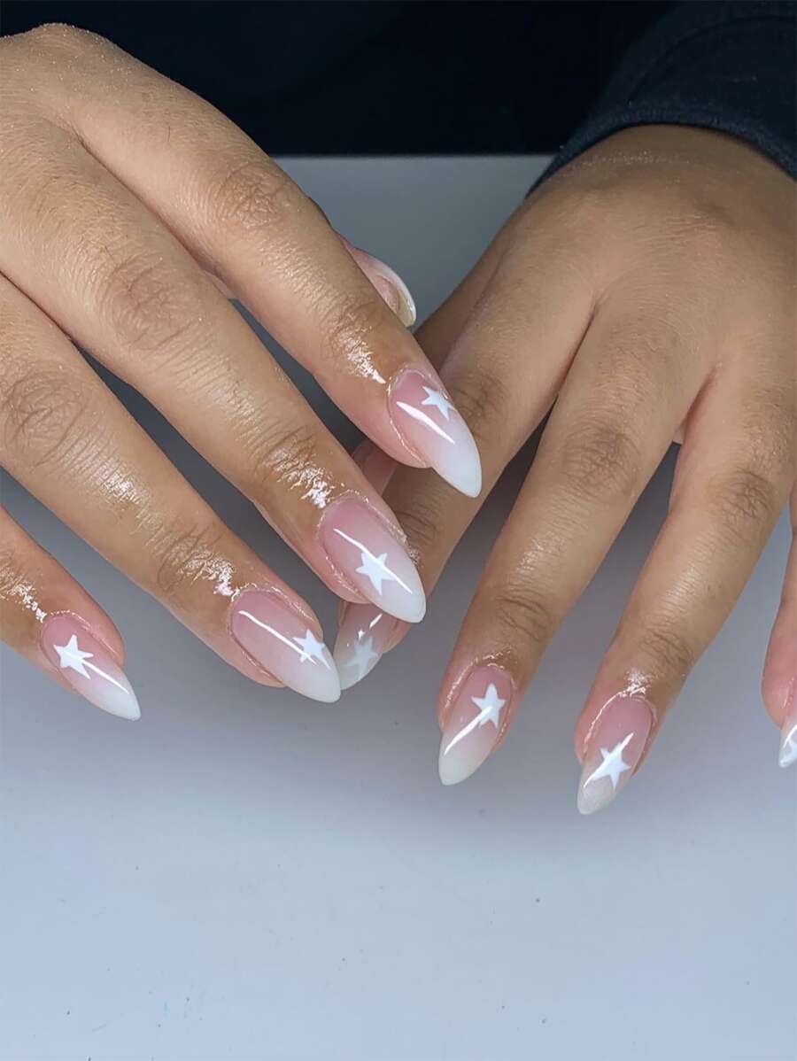 24 件套粉色渐变杏仁形假指甲，带星星图案，适合女士和女孩按压指甲美甲用品指甲 - 彩色 - 查看 1