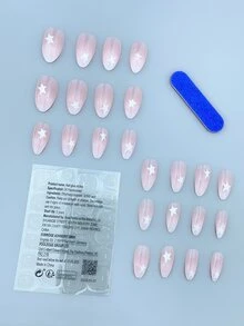 24 件套粉色渐变杏仁形假指甲，带星星图案，适合女士和女孩按压指甲美甲用品指甲 - 彩色 - 查看 2