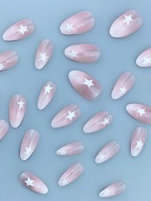 24 件套粉色渐变杏仁形假指甲，带星星图案，适合女士和女孩按压指甲美甲用品指甲 - 彩色 - 查看 3