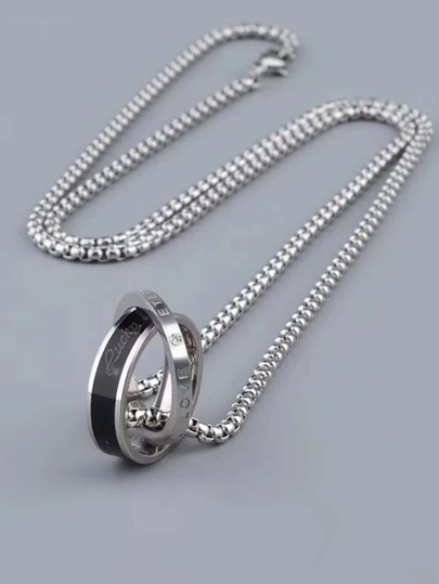 1pc Men's European & American Personalized Vintage Love Double Hoop Ring Connection Pendant Necklace