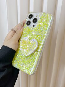 1pc Glitter Phone Case With Heart Shaped Mirror,International Version, Not The Domestic Version - Yellow - View 5
