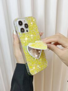 1pc Glitter Phone Case With Heart Shaped Mirror,International Version, Not The Domestic Version - Yellow - View 1