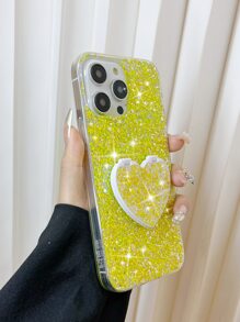 1pc Glitter Phone Case With Heart Shaped Mirror,International Version, Not The Domestic Version - Yellow - View 4