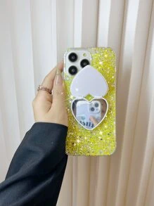 1pc Glitter Phone Case With Heart Shaped Mirror,International Version, Not The Domestic Version - Yellow - View 6