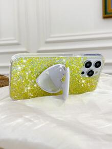 1pc Glitter Phone Case With Heart Shaped Mirror,International Version, Not The Domestic Version - Yellow - View 3