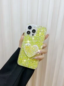 1pc Glitter Phone Case With Heart Shaped Mirror,International Version, Not The Domestic Version - Yellow - View 2