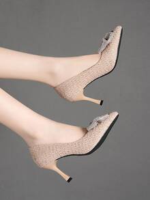 時尚尖頭細高跟鞋帶水鑽裝飾用品 - 駝色 - 查看 3