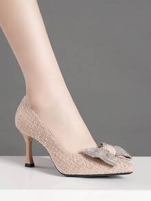 時尚尖頭細高跟鞋帶水鑽裝飾用品 - 駝色 - 查看 6