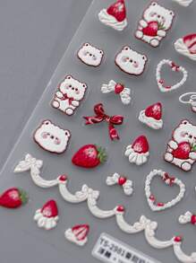 1張新款超薄美甲貼紙帶草莓&熊膠黏劑貼花,可愛指甲裝飾 - 彩色 - 查看 1