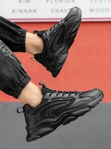 (Runs Small) Minimalist Style Sports Shoes, Suitable For Men Front Lace-Up Chunky Sneakers - Black - View 6