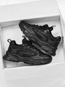 (Runs Small) Minimalist Style Sports Shoes, Suitable For Men Front Lace-Up Chunky Sneakers - Black - View 3