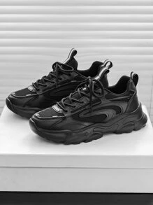 (Runs Small) Minimalist Style Sports Shoes, Suitable For Men Front Lace-Up Chunky Sneakers - Black - View 5