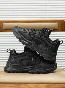 (Runs Small) Minimalist Style Sports Shoes, Suitable For Men Front Lace-Up Chunky Sneakers - Black - View 2