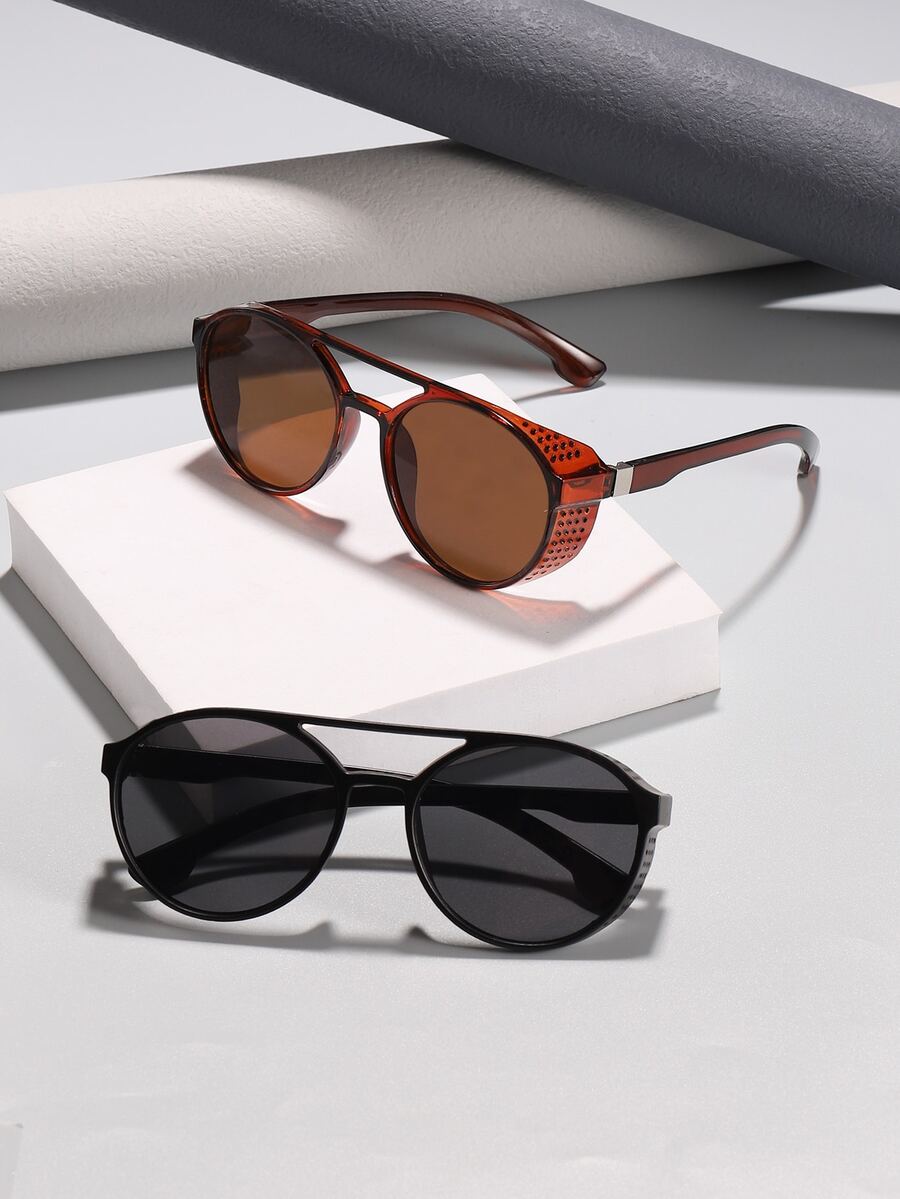 2 副男士圆形朋克风格时尚眼镜，适合旅行 - 彩色 - 查看 1