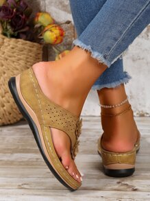 Fashionable And Comfortable Floral Design Beige Platform Wedge Sandals For Women - Beige - View 5