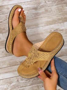 Fashionable And Comfortable Floral Design Beige Platform Wedge Sandals For Women - Beige - View 6