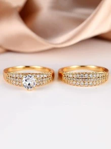 Vanel Bộ 1 cặp nhẫn Cubic Zirconia sang trọng, nhẫn đính hôn/cưới kim cương tròn 6 chấu, quà tặng trang sức thời trang cho phụ nữ - Vàng - Xem 2