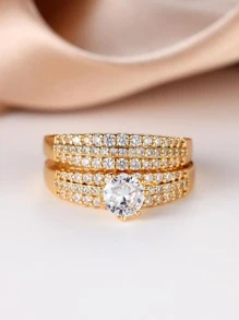 Vanel Bộ 1 cặp nhẫn Cubic Zirconia sang trọng, nhẫn đính hôn/cưới kim cương tròn 6 chấu, quà tặng trang sức thời trang cho phụ nữ - Vàng - Xem 3
