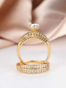 Vanel Bộ 1 cặp nhẫn Cubic Zirconia sang trọng, nhẫn đính hôn/cưới kim cương tròn 6 chấu, quà tặng trang sức thời trang cho phụ nữ - Vàng - Xem 4