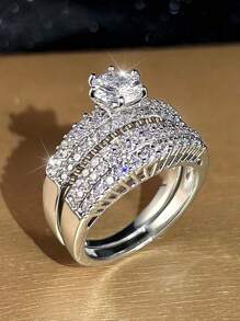 Vanel 1pair Luxury Cubic Zirconia Ring Set, 6-Prong Setting Round Rhinestone Ring For Women, Dating Gift - Silver - View 1