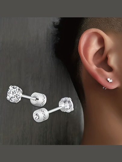Screw Flat Back Cubic Zirconia Stud Earrings Men Stainless Steel Earrings For Women Silver Color Fashion Jewelry