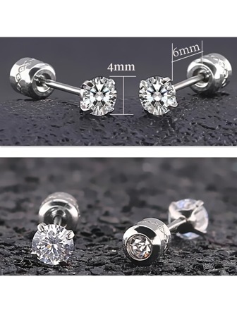 螺丝平背方晶锆石耳钉男式不锈钢时尚耳环女式银色时尚珠宝