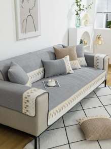 4pcs/set Lace Decor Color Block Stitching Slip-resistant Sofa Cushion - Suitable For All Seasons - Xám - Xem 1