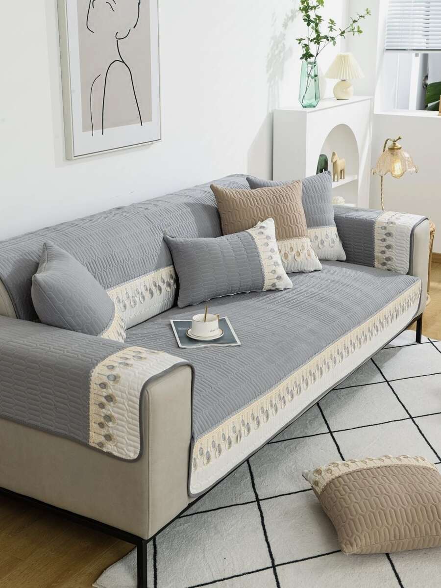 4pcs/set Lace Decor Color Block Stitching Slip-resistant Sofa Cushion - Suitable For All Seasons - Xám - Xem 1