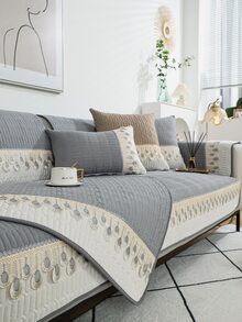 4pcs/set Lace Decor Color Block Stitching Slip-resistant Sofa Cushion - Suitable For All Seasons - Xám - Xem 2