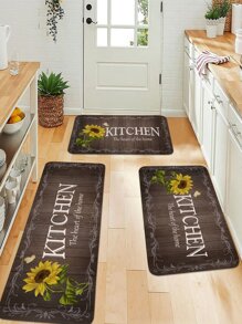 古典文本與向日葵印花厨房地墊，晶鑽絨防滑地毯，1入，房間裝飾 - 彩色 - 查看 3