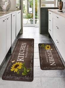 古典文本與向日葵印花厨房地墊，晶鑽絨防滑地毯，1入，房間裝飾 - 彩色 - 查看 5