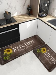 古典文本與向日葵印花厨房地墊，晶鑽絨防滑地毯，1入，房間裝飾 - 彩色 - 查看 1